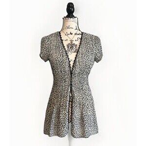 Notations Y2K Style White Leopard Blouse With Lace Trim, Smocked Waist, Glitter